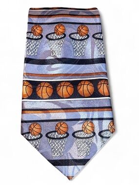 VINTAGE Fartello Basketball Novelty Neck Tie Grey Striped Polyester Handmade